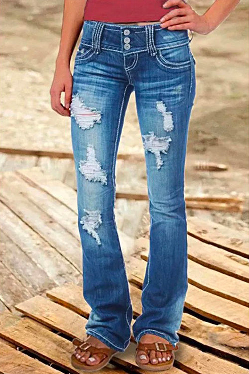 Heididress Button Down Distressed Ripped Jeans with Pockets