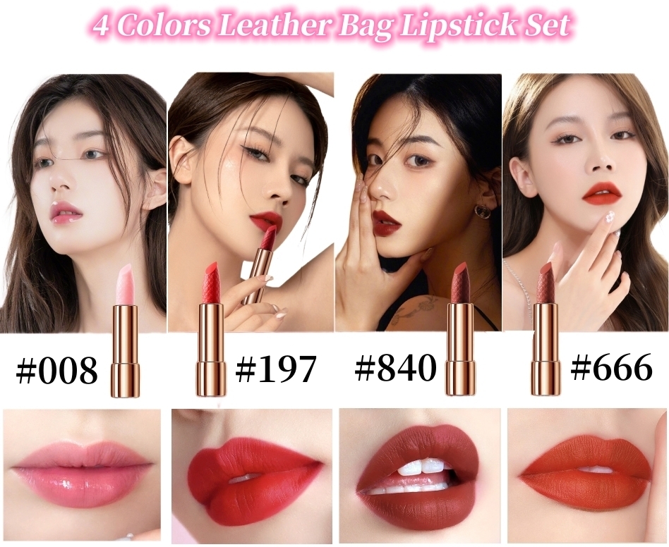 HOT SALE🔥Waterproof Non-Stick Cup Long Lasting Retractable 4 Colors Leather Bag Lipstick Set