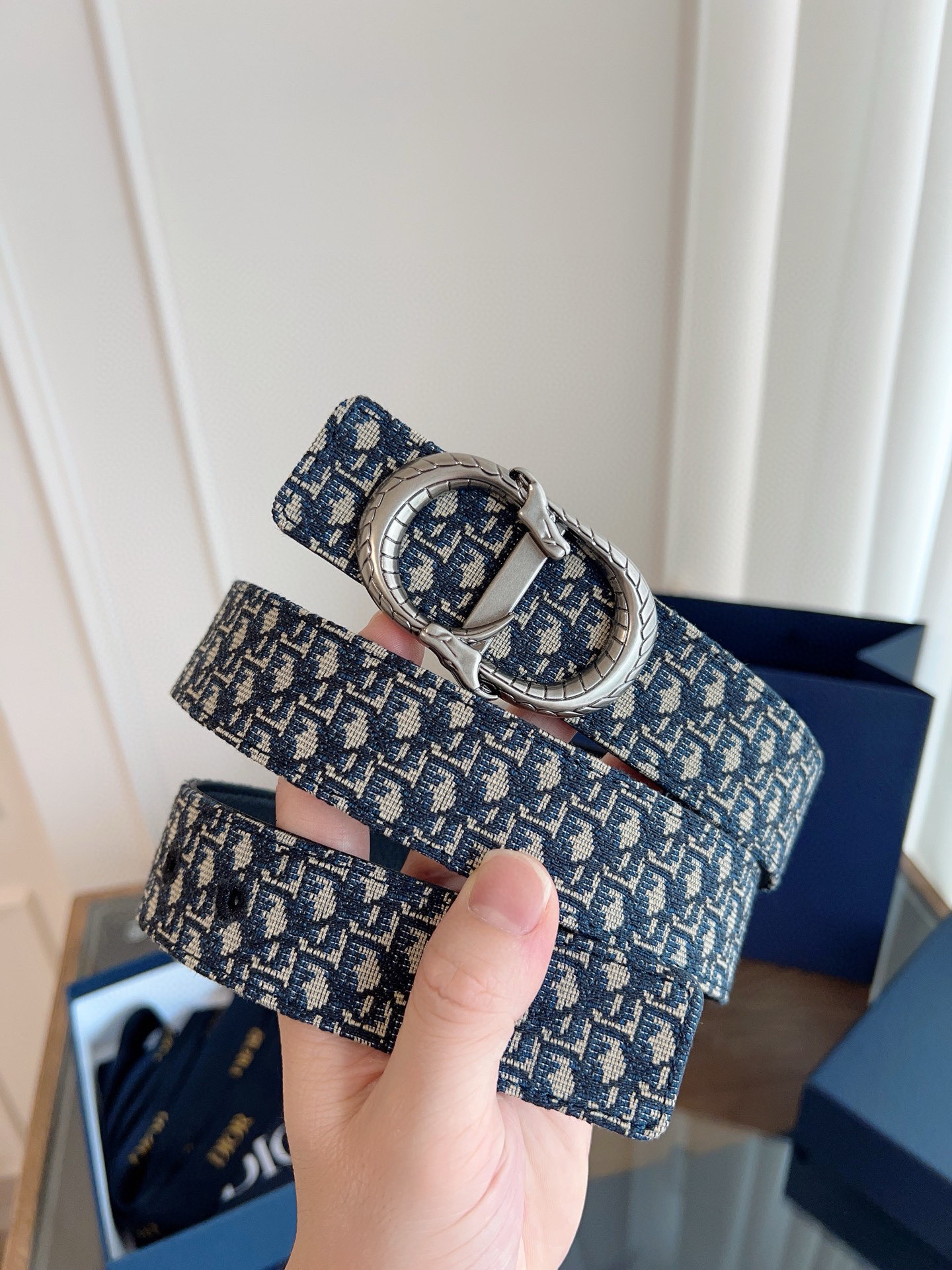 Dior Oblique Blue Cloth Black Cowhide Leather Strap 3.5cm Wide