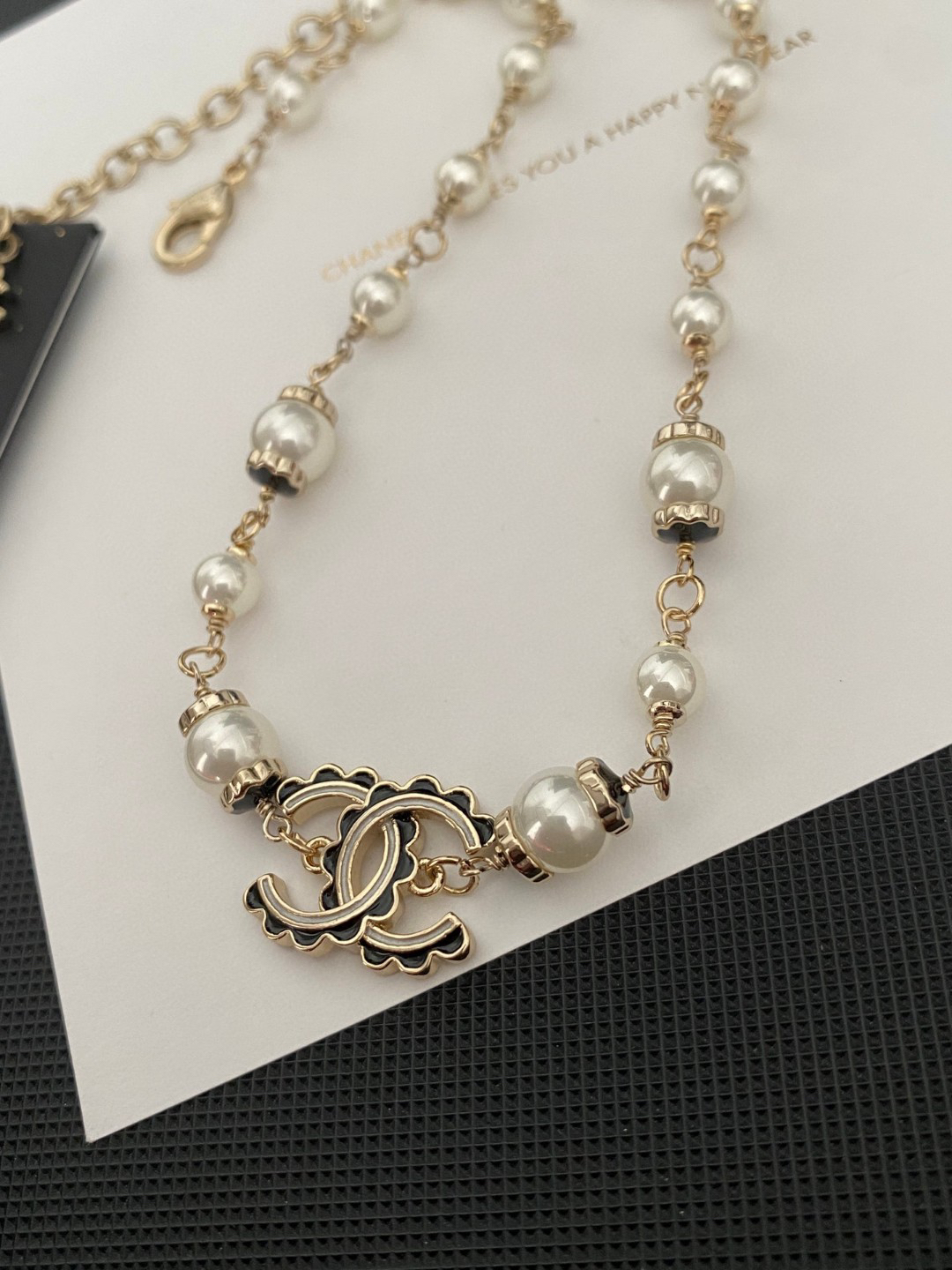 CHAN 24 black enamel lace double c pearl necklace