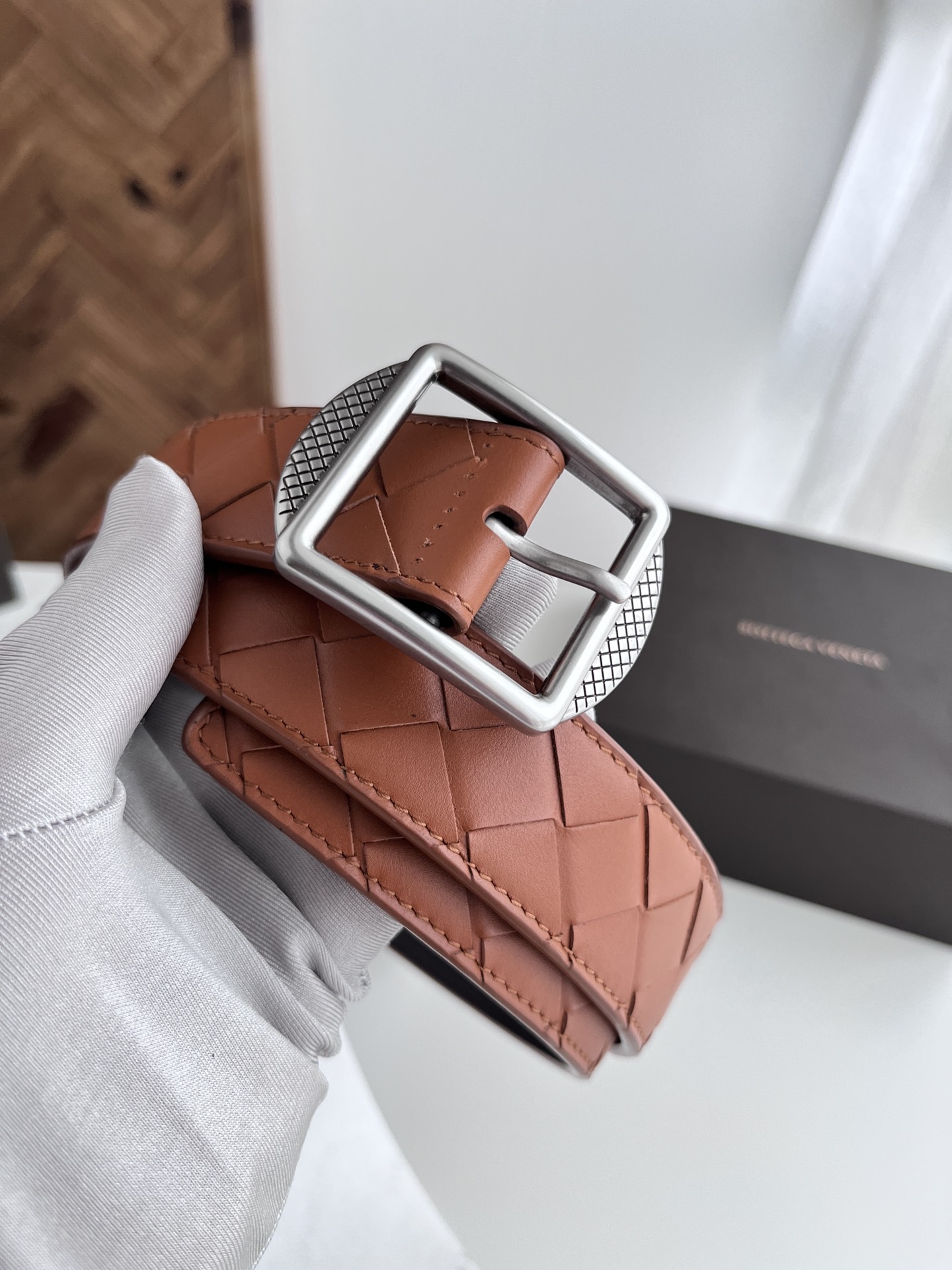 Bottega Veneta intreccio woven cowhide double-sided belt 3.5cm wide
