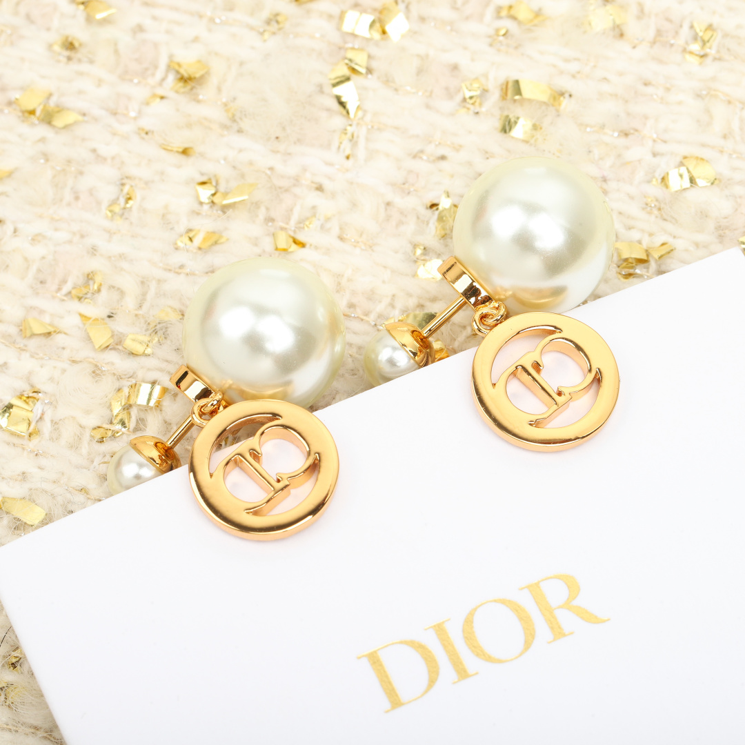 Dior Round Crystal CD Double Ball Pearl Earrings