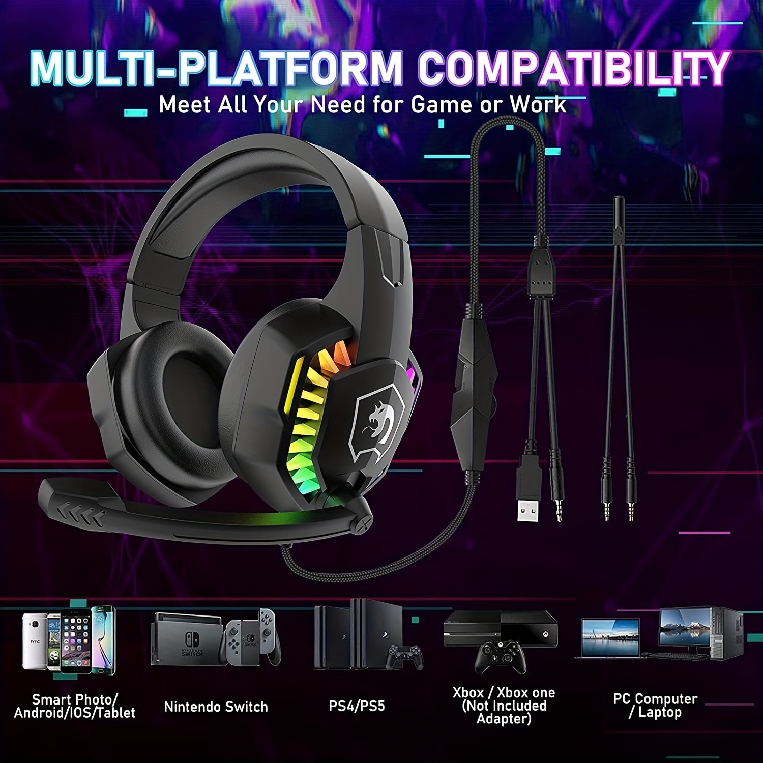 5 In 1 Gaming Combo,12W HD Sound Speakers Rainbow LED Backlit Wired Mechanical Feel Keyboard,2400DPI 6 Button Optical Gaming Mouse, RGB Gaming Headset With Mic, Gaming Mouse Pad, For PC Gaming PS4 Xbox PC Notebook