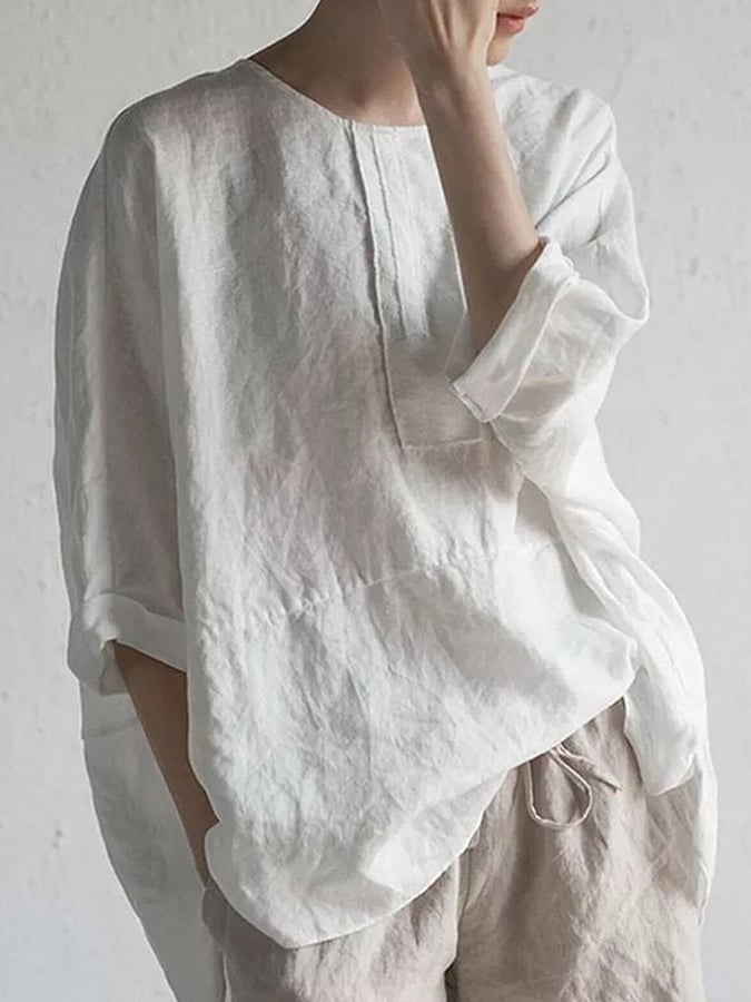 Solid Color Round Neck Cotton Linen Casual Shirt