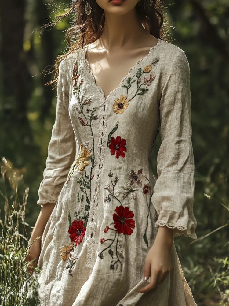 Vintage Forest Floral Embroidery Art Women's Linen Flowy Maxi Dress