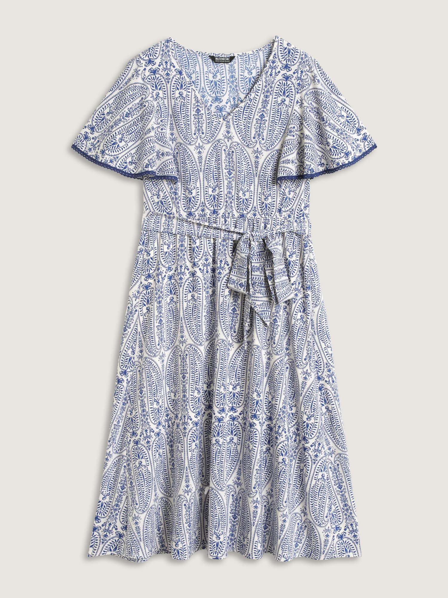 Rayon Paisley Print Cinched-Waist Midi Dress