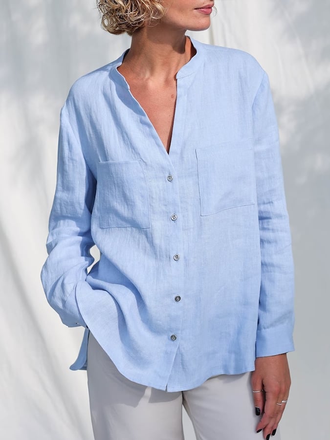 Women's Cotton Linen V Neck Loose Button Shirt