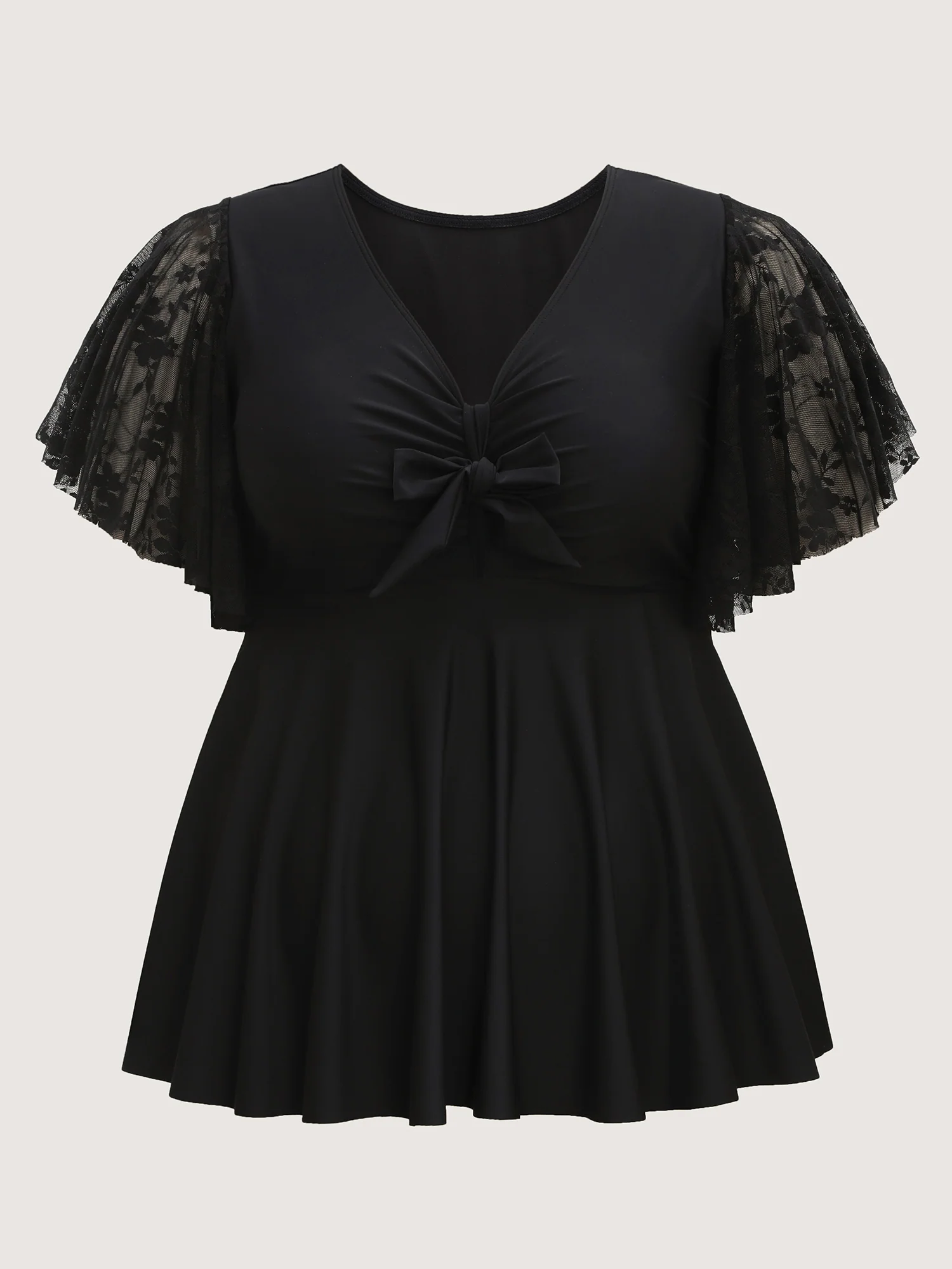 Knotted Lace Sheer Sleeve Swim Top