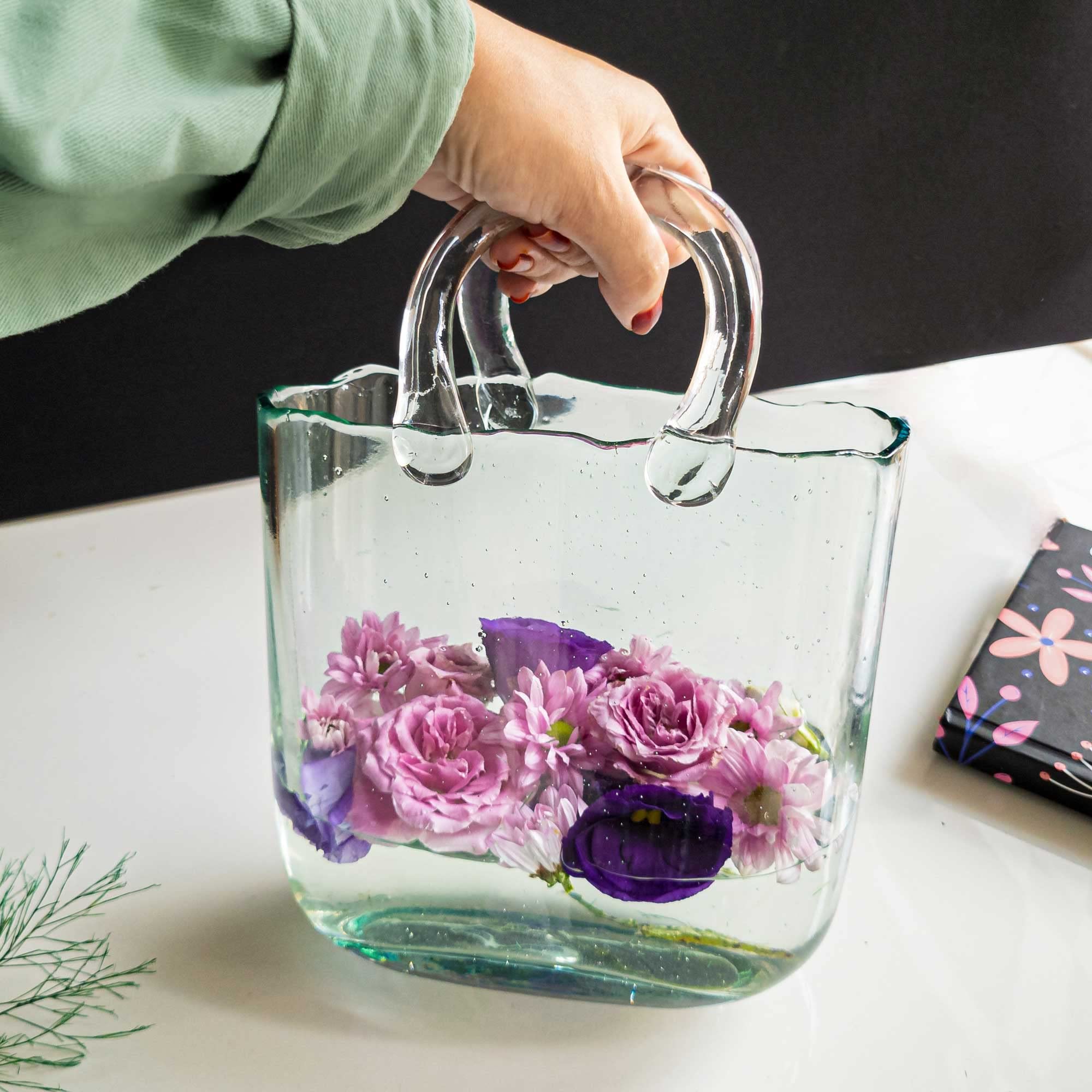 (Handmade) Pink Glass Bag vase -10 Inches- Clear