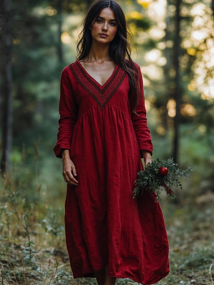 Retro Greek Key V-neck Cotton Linen Dress