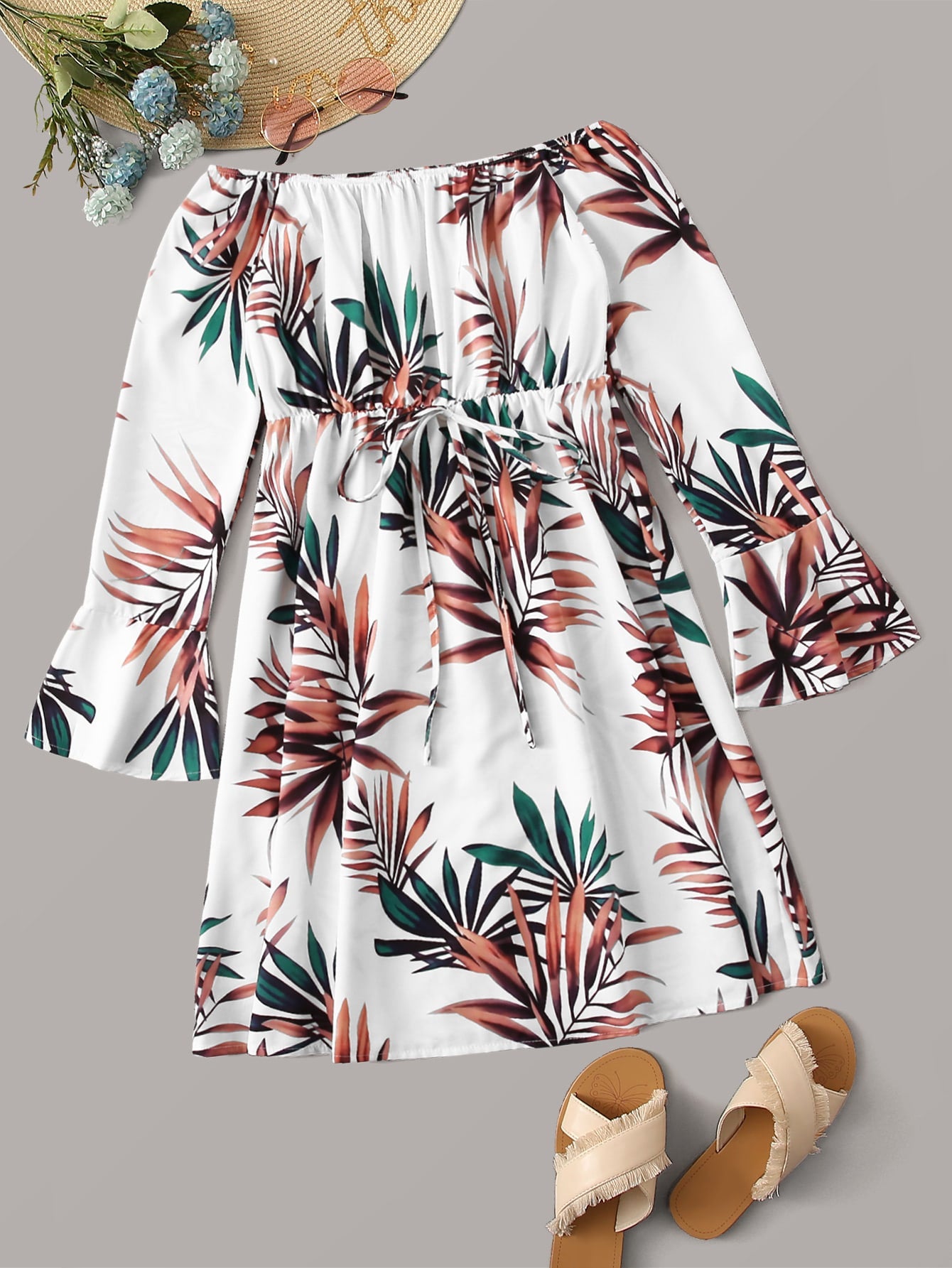 Flounce Sleeve Drawstring Waist Floral Dress