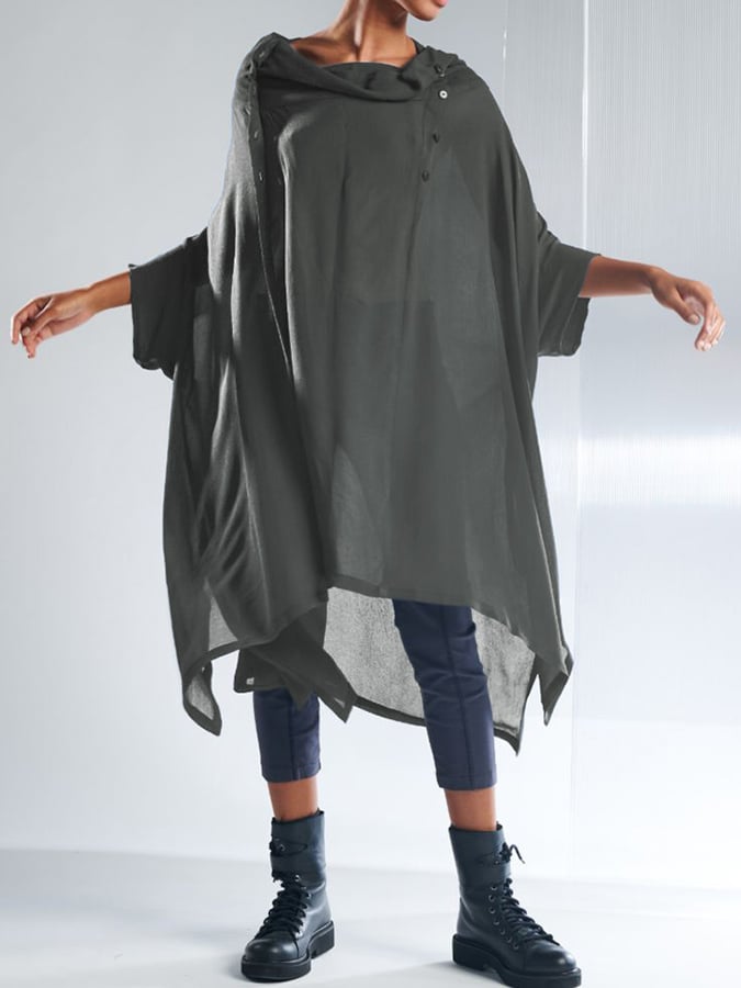 Loose Solid Color Pile Neck Asymmetric Hem Midi Shirt