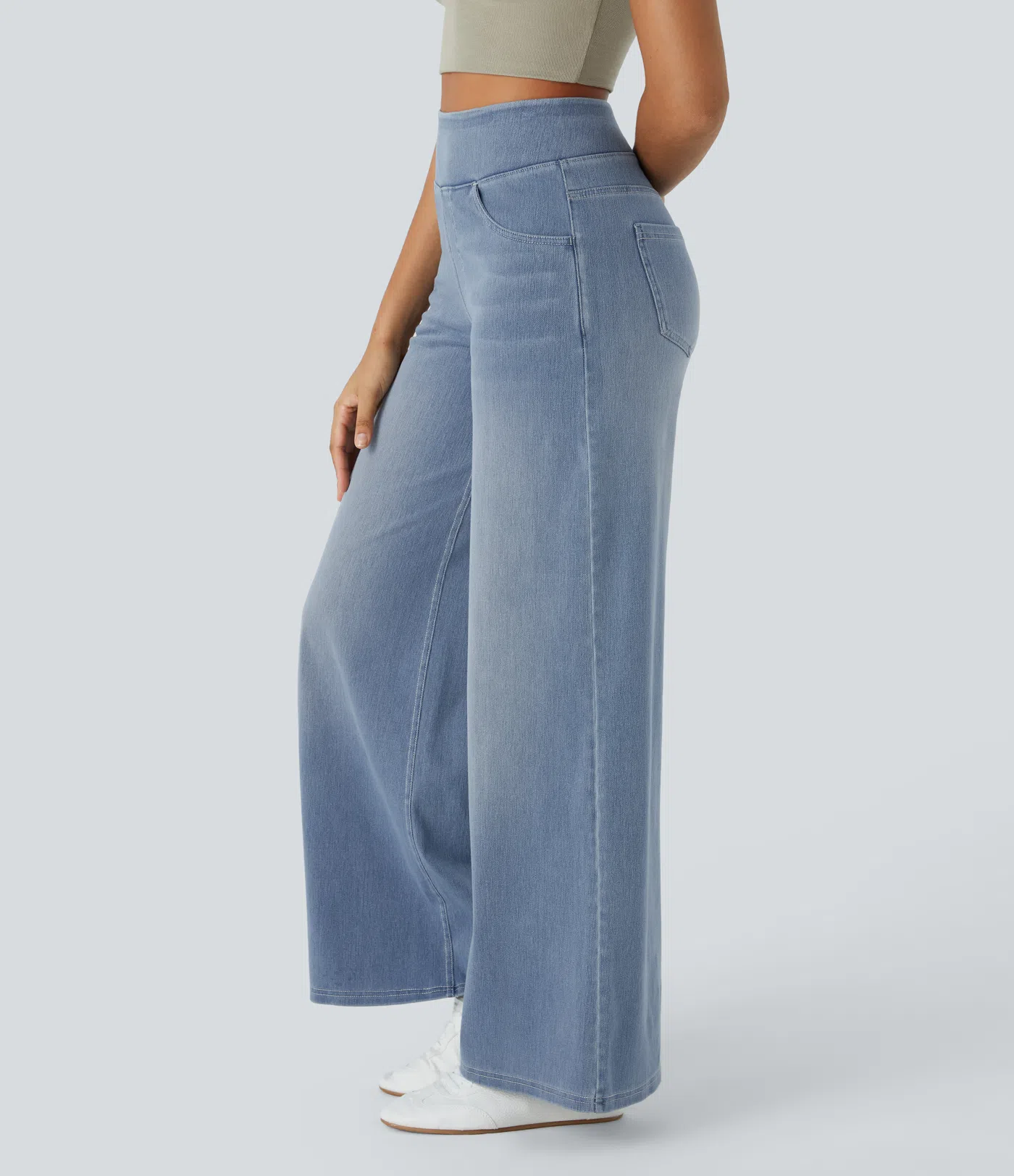 💝Last Day Promotion⚡High Waisted Multiple Pockets Baggy Wide Leg Washed Stretchy Knit Casual Jeans