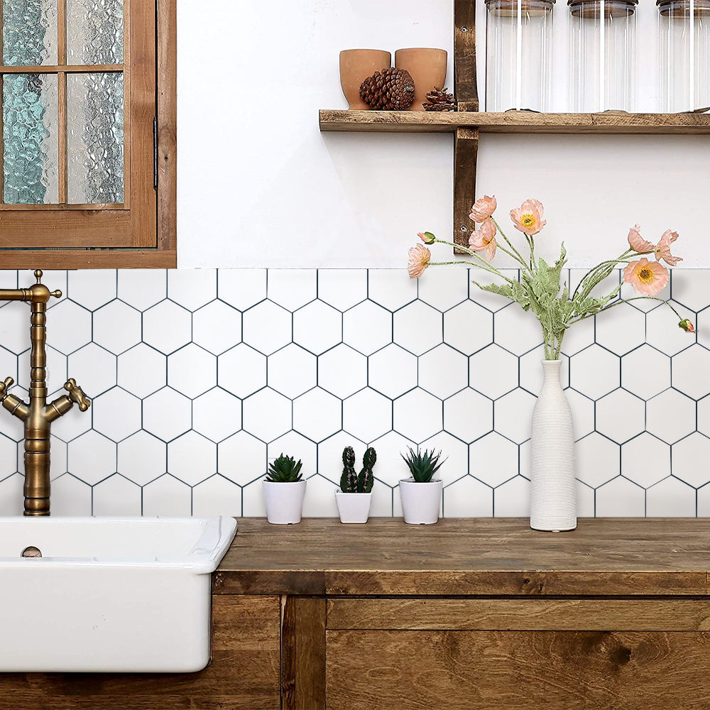 White Hexagon Peel and Stick Vinyl Floor Tile Sticker