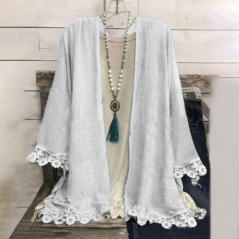 Casual Long Sleeve Stitching Lace Solid Color Kimono