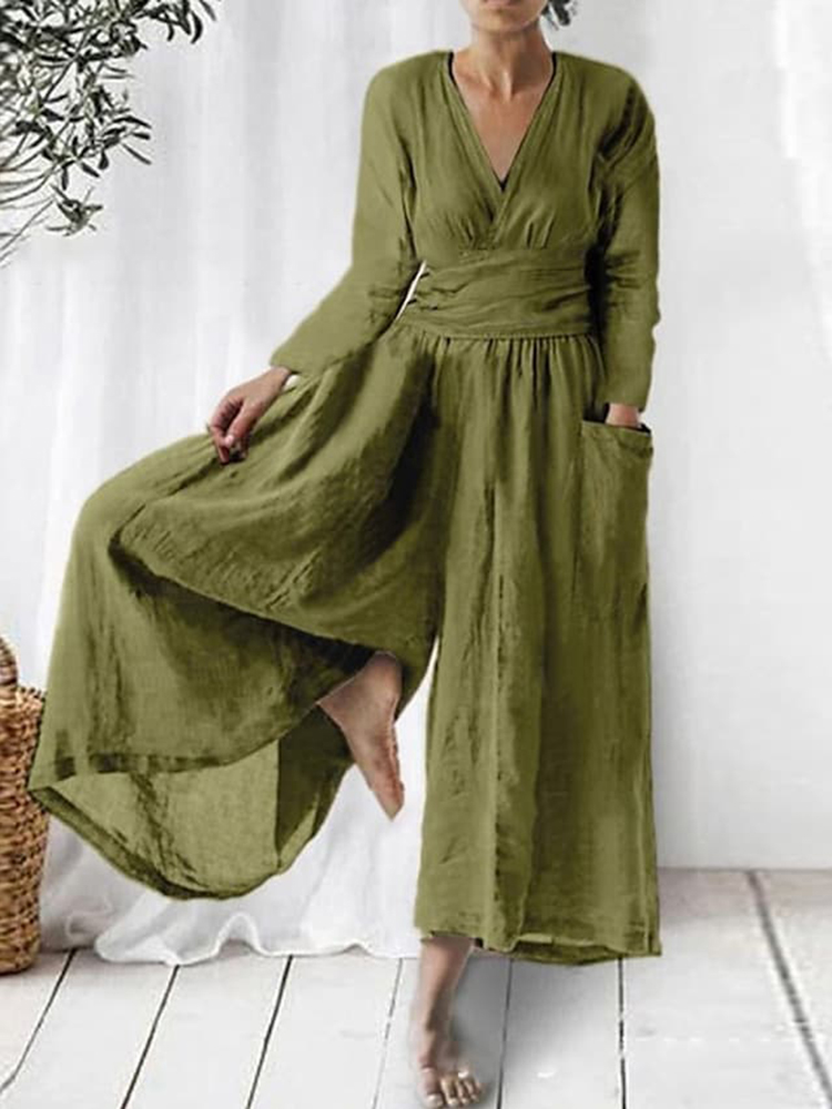 Elegant V Neck Wide Leg Flowy Jumpsuit