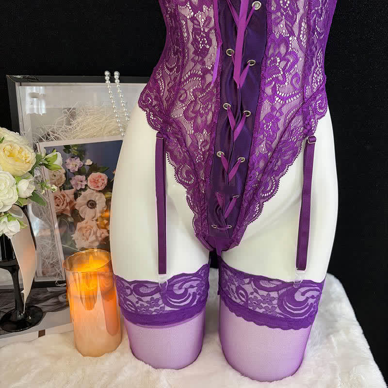 Sexy Lace See-through Lace-up Jumpsuit Lingerie Set