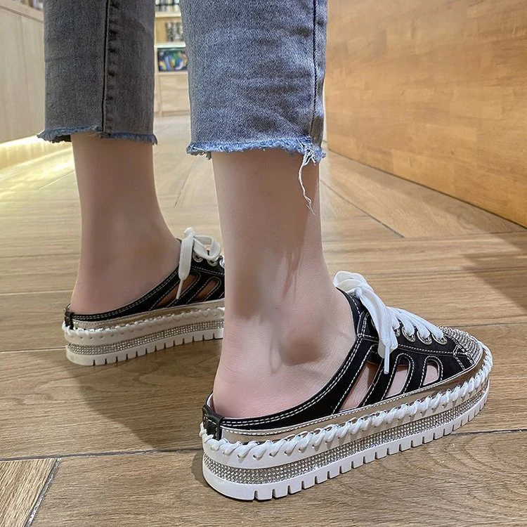 New Flat Platform Half Slippers Bling Mules Crystals Lace-Up Shoes