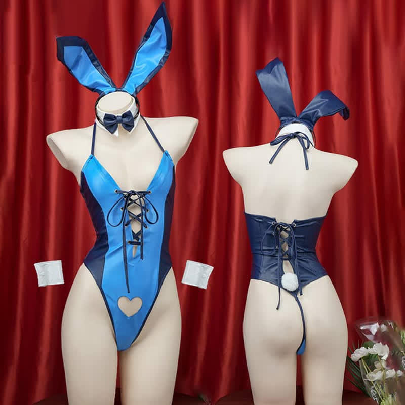 Cosplay Bunny Hollow Out Lace Up PU Jumpsuit Lingerie Set