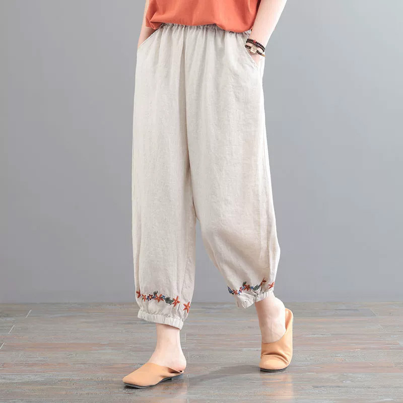 Vintage Floral Embroidered Linen Blend Casual Pants