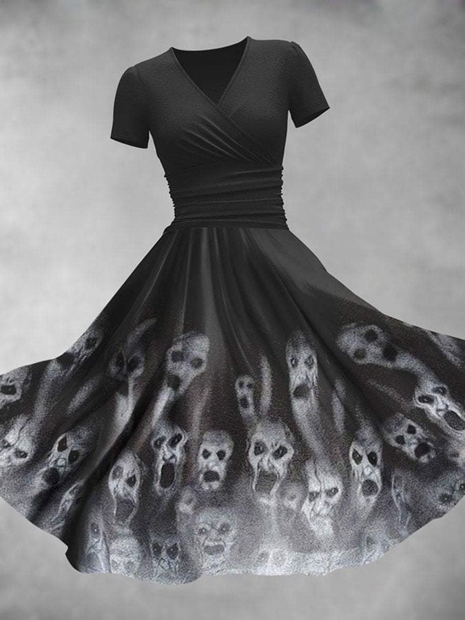 🔥Buy 3 Get 10% Off🔥V Neck Retro Halloween Ghost Screaming Print Maxi Dress