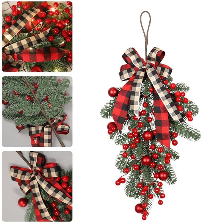 🎄Christmas promotion🔥Pre-installed red fruit door wreath with lights, urn filler with real feel