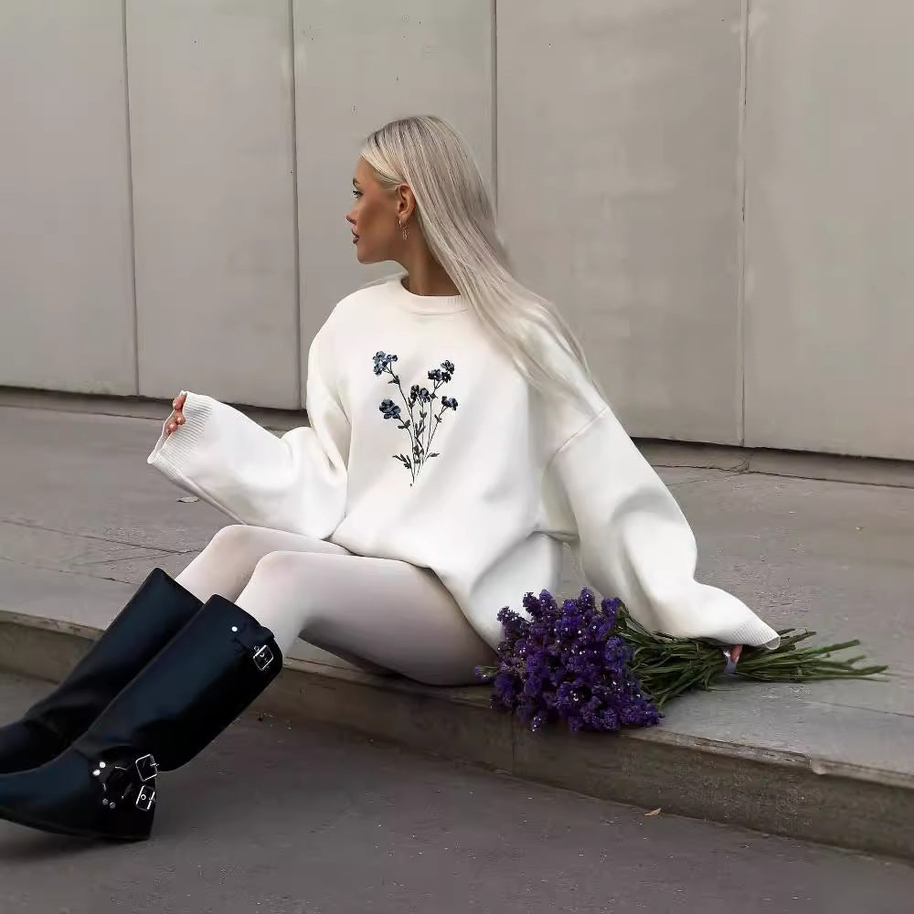 Floral Embroidered Crew Neck Sweater for Autumn