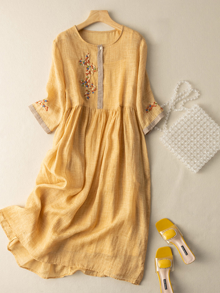 Ethnic Embroidery Loose Midi Dress