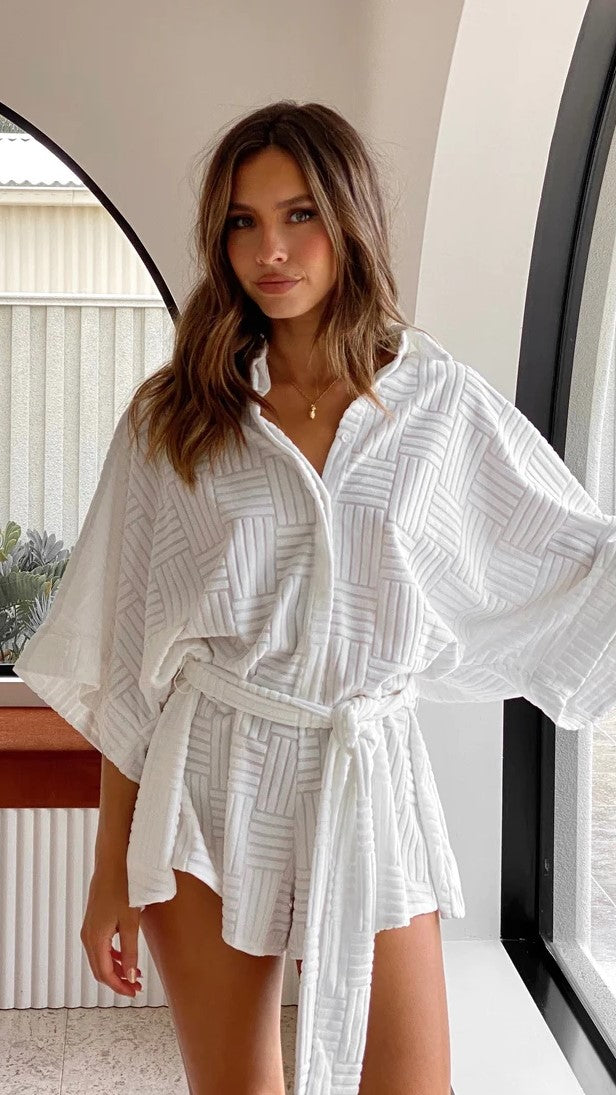 White Textured Waist Tie Romper