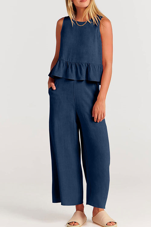 Heididress Crewneck Ruffle Tank Top Wide Leg Pockets Pants Set