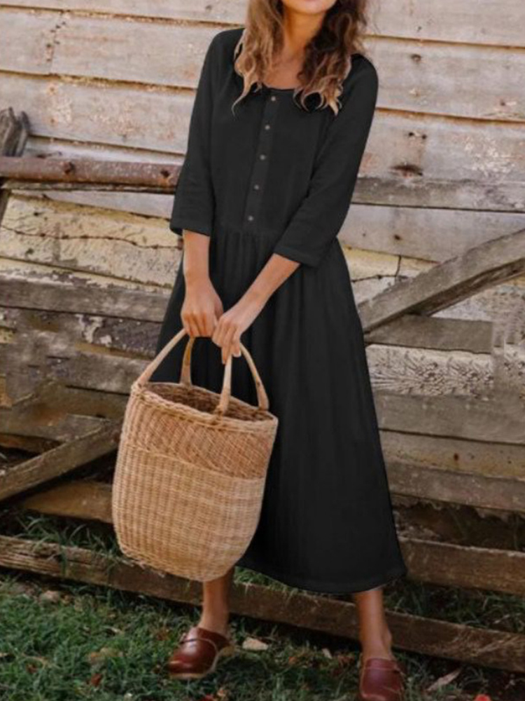 3/4 Sleeve 1/2 Button-Up Midi Dress