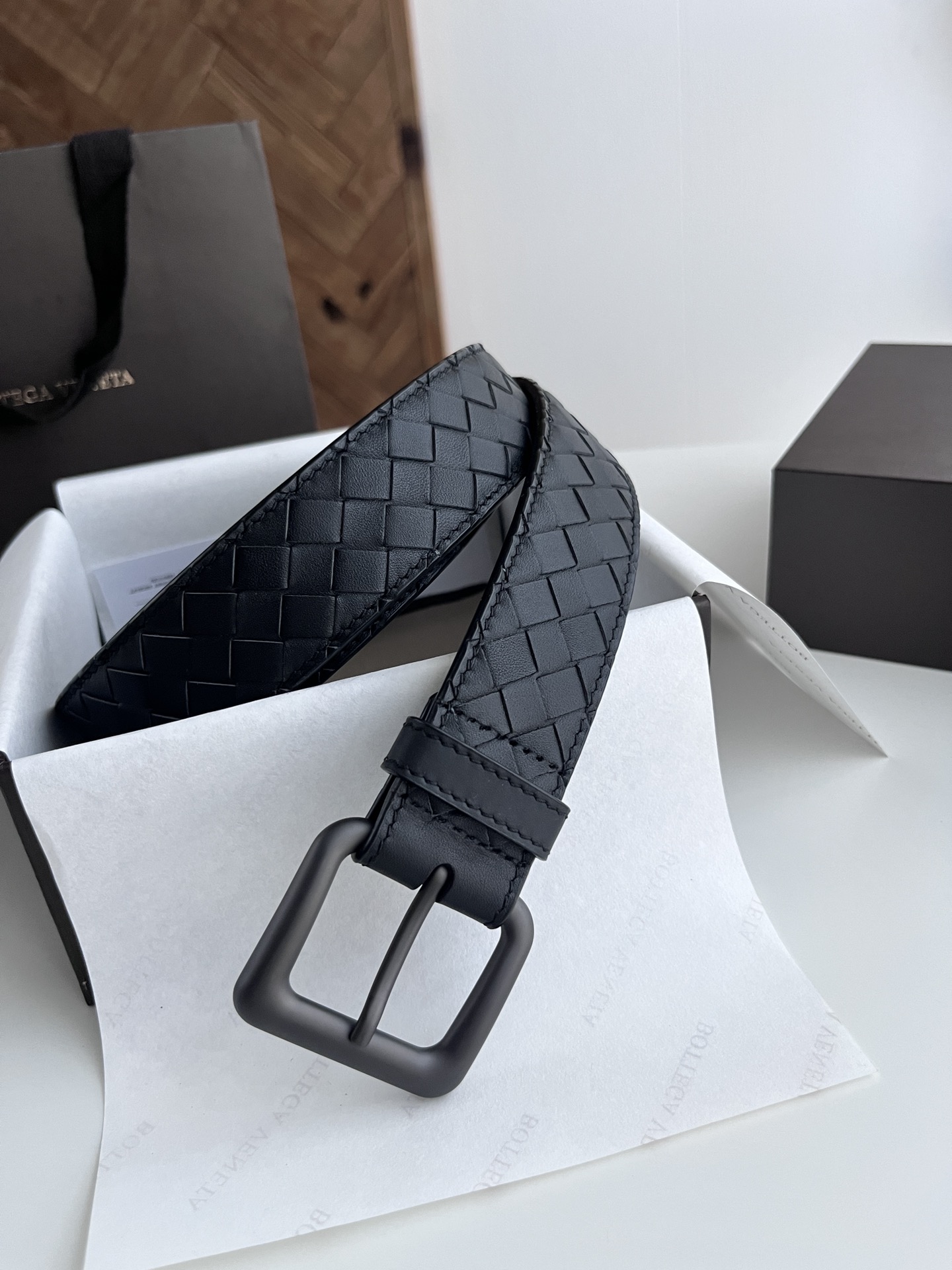 Bottega Veneta intreccio woven cowhide double-sided belt 3.5cm wide