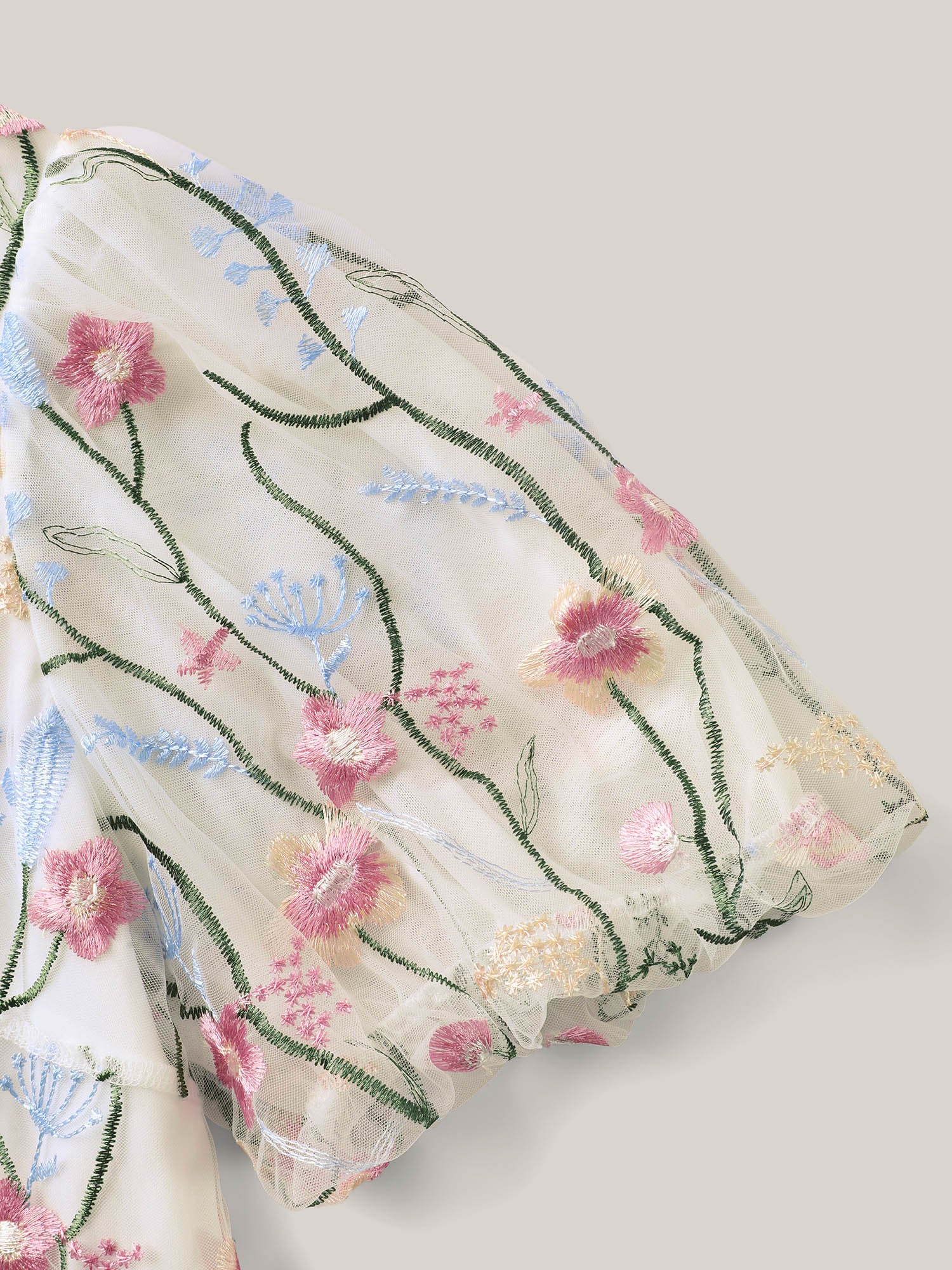 Floral Embroidered Mesh Bubble Sleeve Blouse