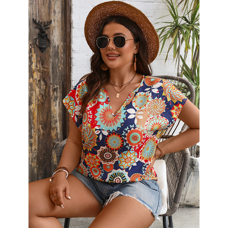 Summer Vacation Casual Women Shirt V neck Pullover Print Shirt Women
