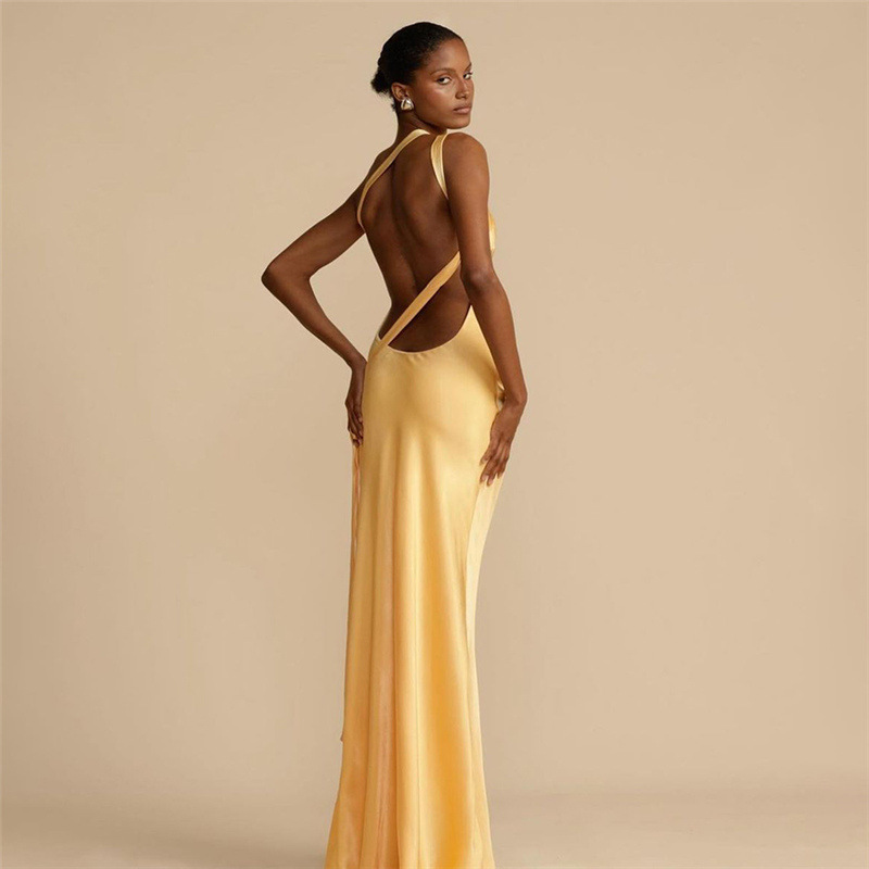 Yellow Fashionable sexy girl sleeveless slanting collar hollow backless high-waisted slim dress dress