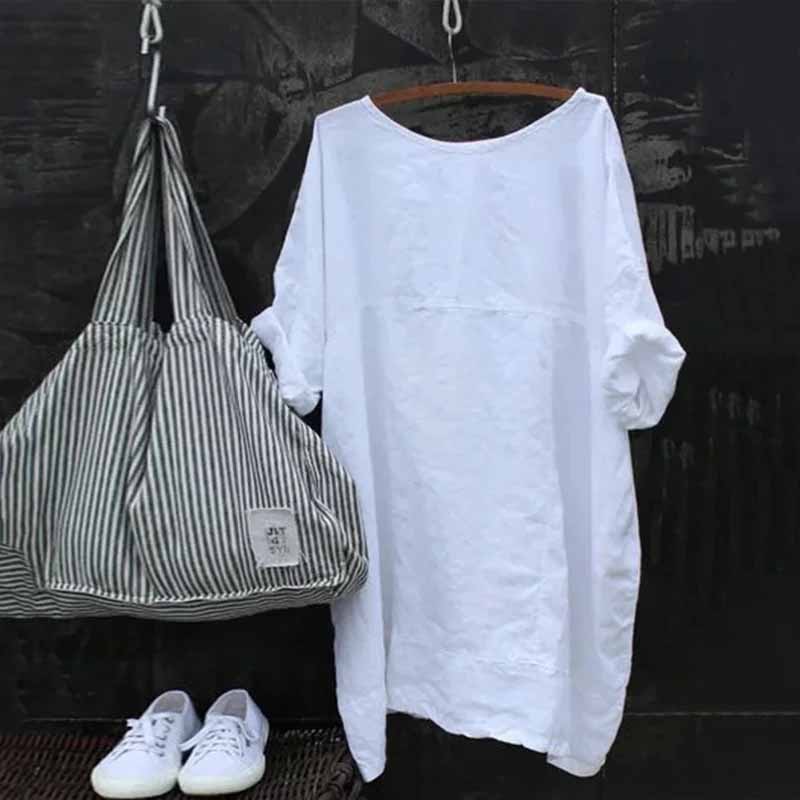 Casual Cotton Linen Round Neck Solid Stitching T-shirt