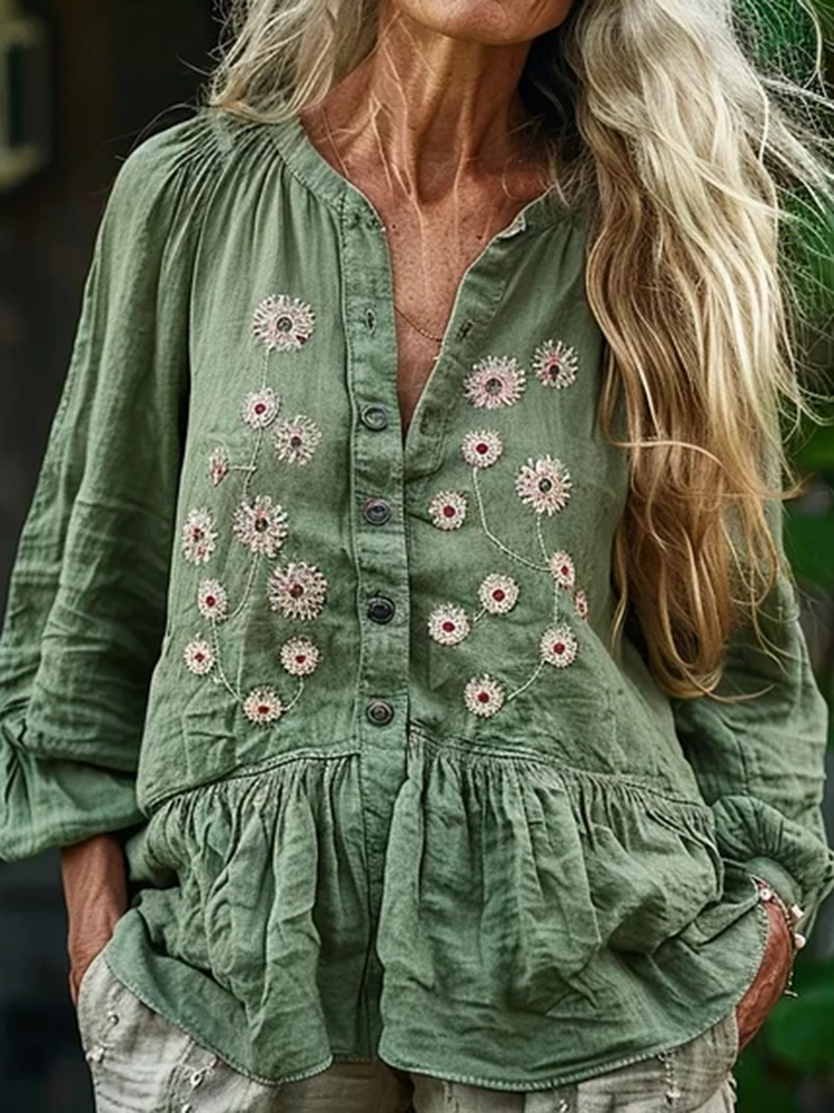 Bohemian Linen Floral Art Print Long Sleeve Loose  Shirt