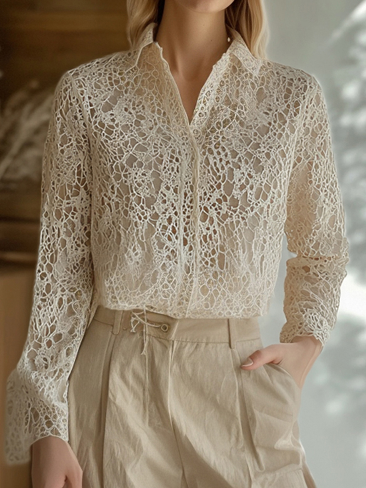 Elegant Lace Embroidery Art Long Sleeve Shirt