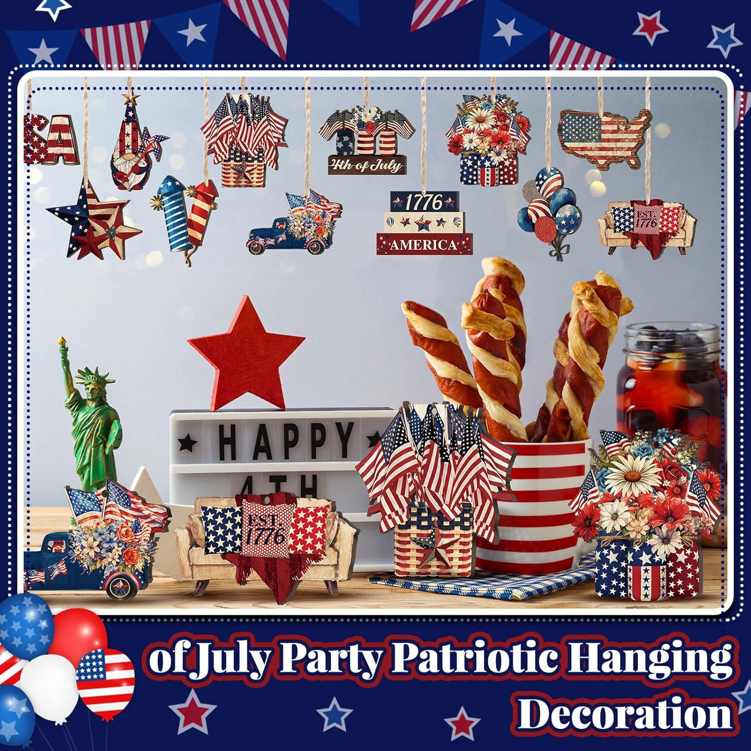 🔥[SAVE 50% OFF]--Independence Day Patriotic Decor-Handmade Double-sided printing Wooden Ornaments with the equipped rope