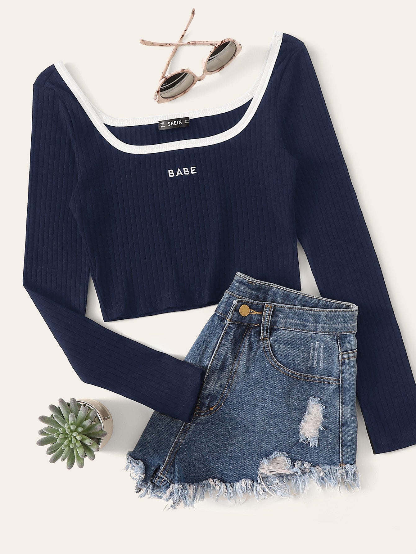 SHEIN Contrast Trim Embroidered Letter Rib-knit Top