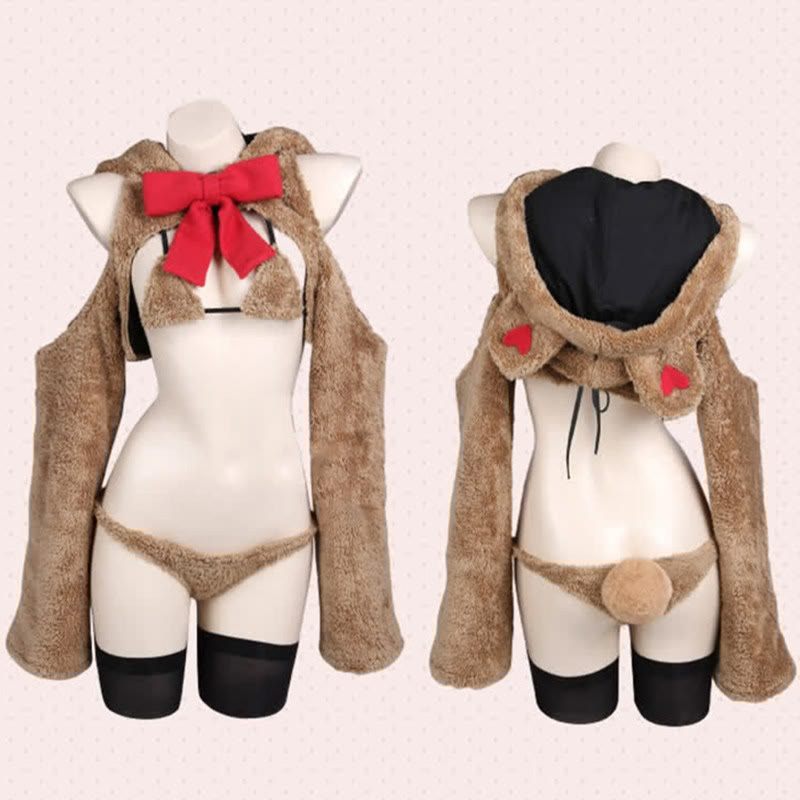 Cosplay Bowknot Hooded Plush Lingerie Set