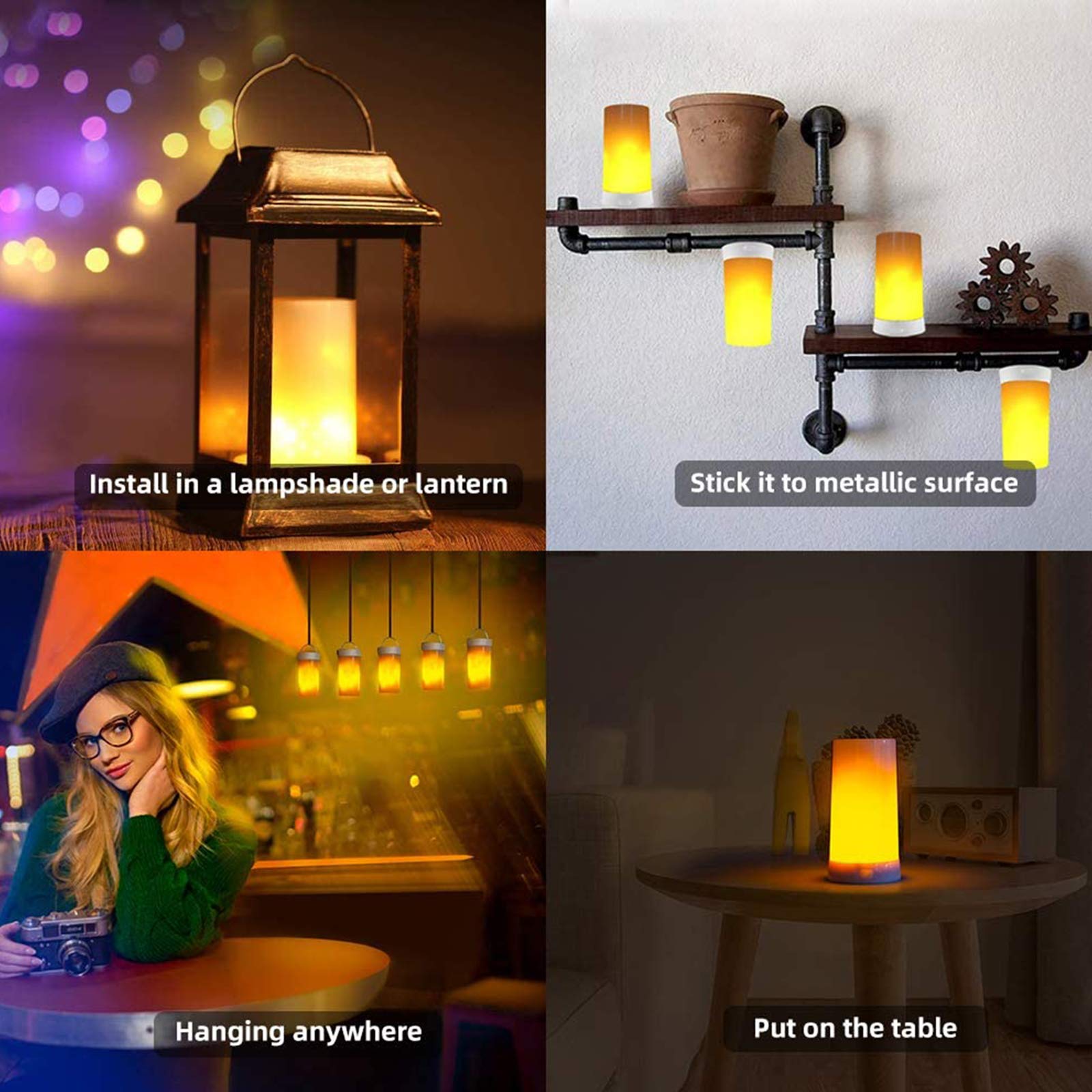 🔥LED Flame Effect Flickering Light, USB Rechargeable, 4 Mode Lights, Wireless Remote & Timer