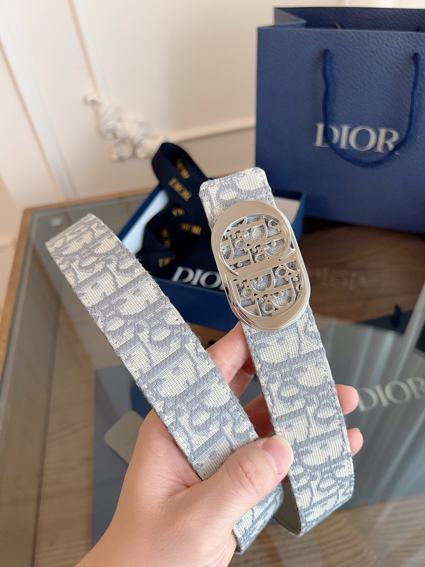 Dior Oblique grey cloth grey cowhide leather belt width 3.5cm