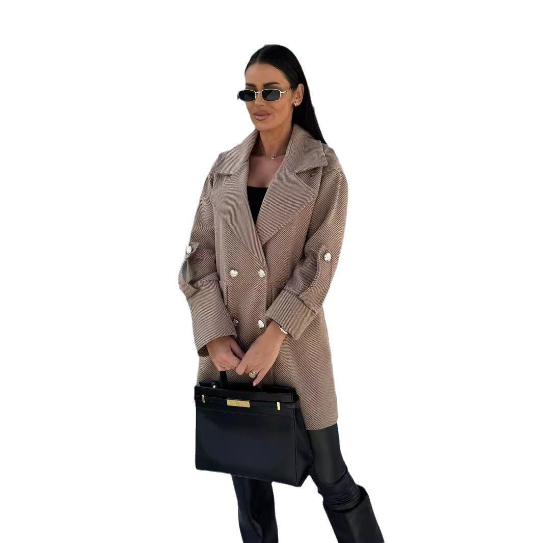 Fashionable H-Shaped Woolen Coat with Suit Collar