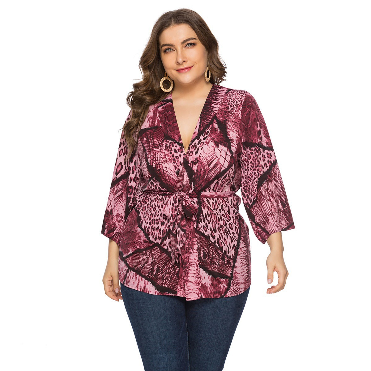 Plus Size Women Spring Autumn Loose Snake Pattern Lace Up Top