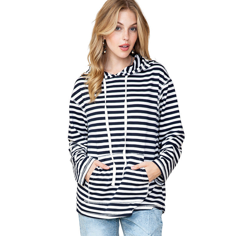 Shiying Striped Hooded Sweater, Women's Autumn Fashion, Loose-Fit Long Sleeve Top