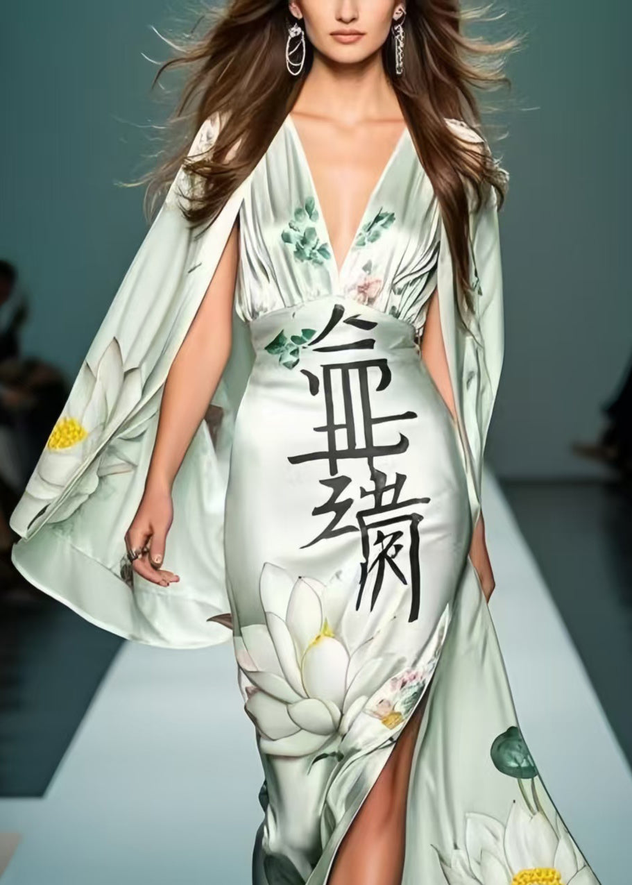 Fine Green Print Side Open Silk Robe Dresses Cloak Sleeves