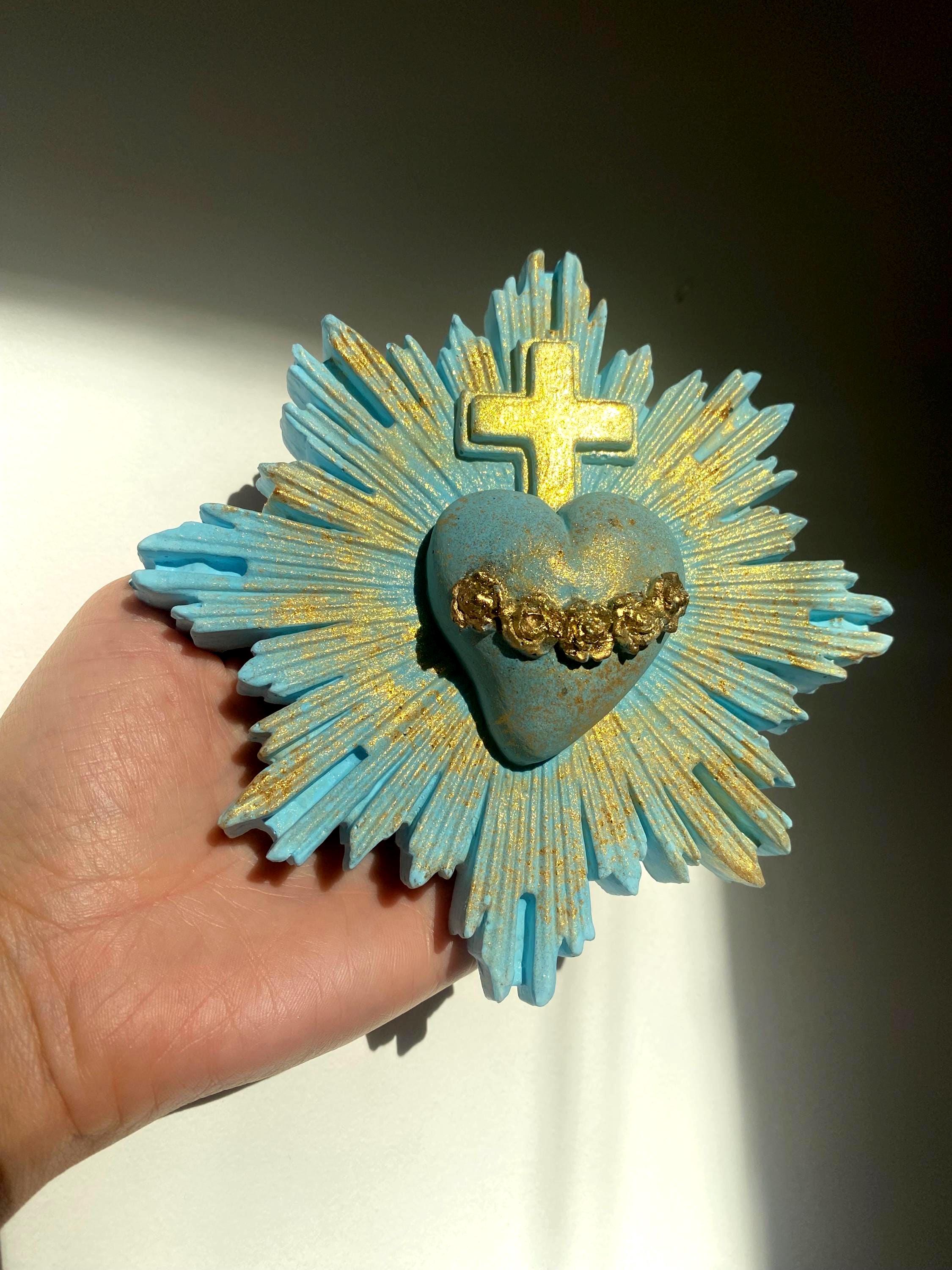 Sacred Heart Wall Decor, Milagro Heart, Flaming Heart & Cross, Handmade.