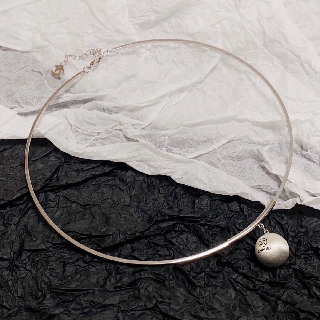Chanel brushed silver ball pendant necklace