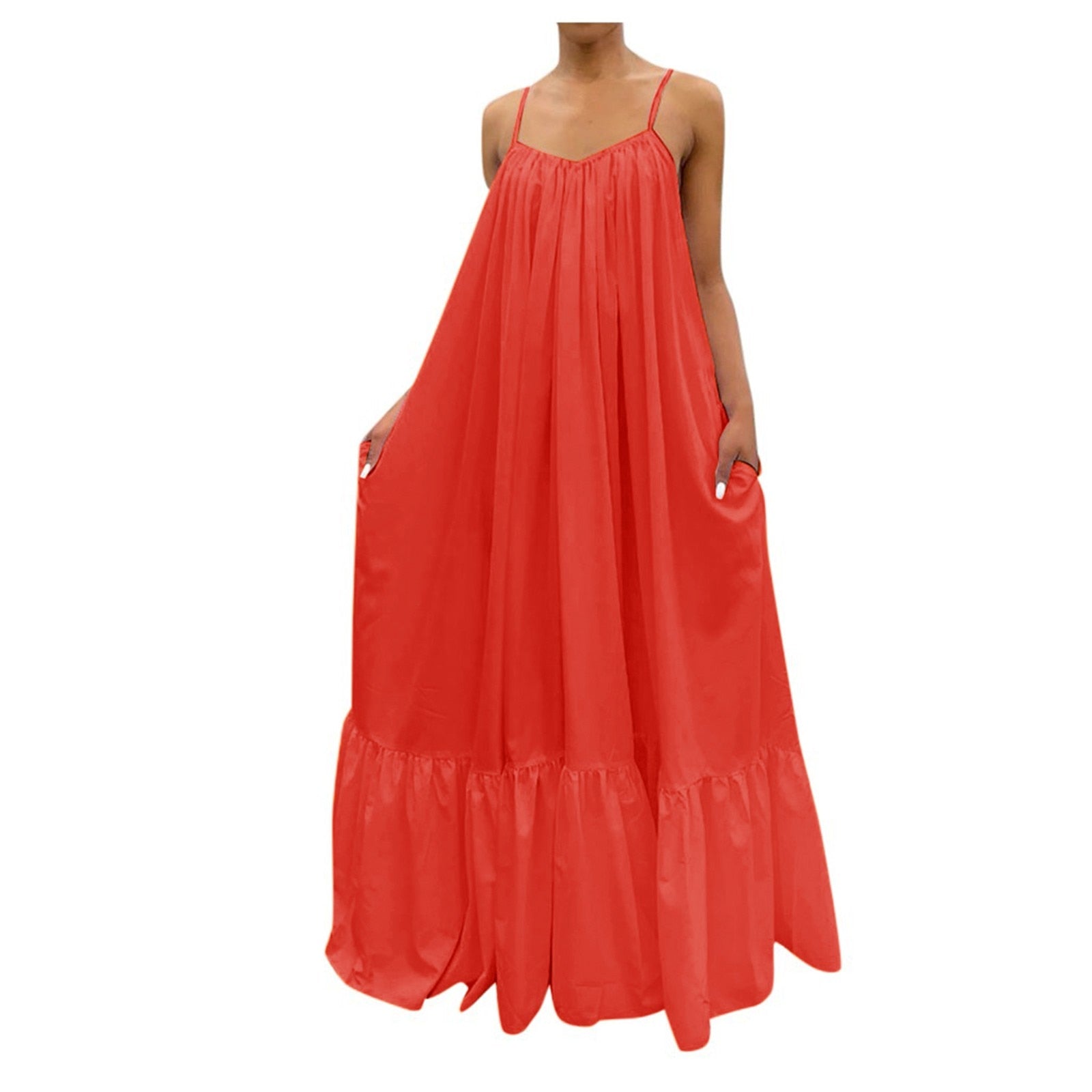 Women Plus Size Casual Solid Strap Dress Pocket Loose Backless Big Swing Dress